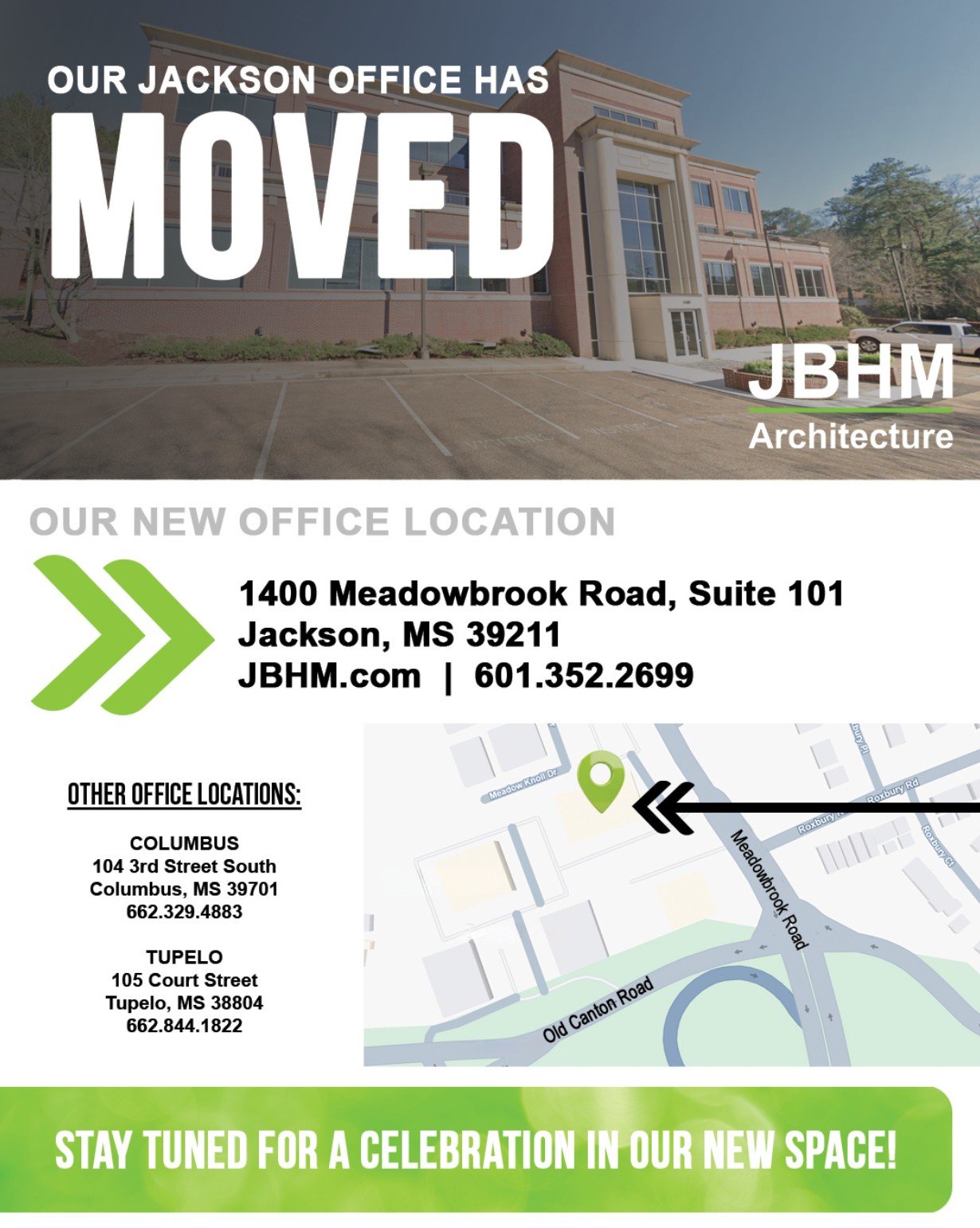 We&rsquo;re pleased to share that the JBHM Architecture Jackson office has moved to a new location.