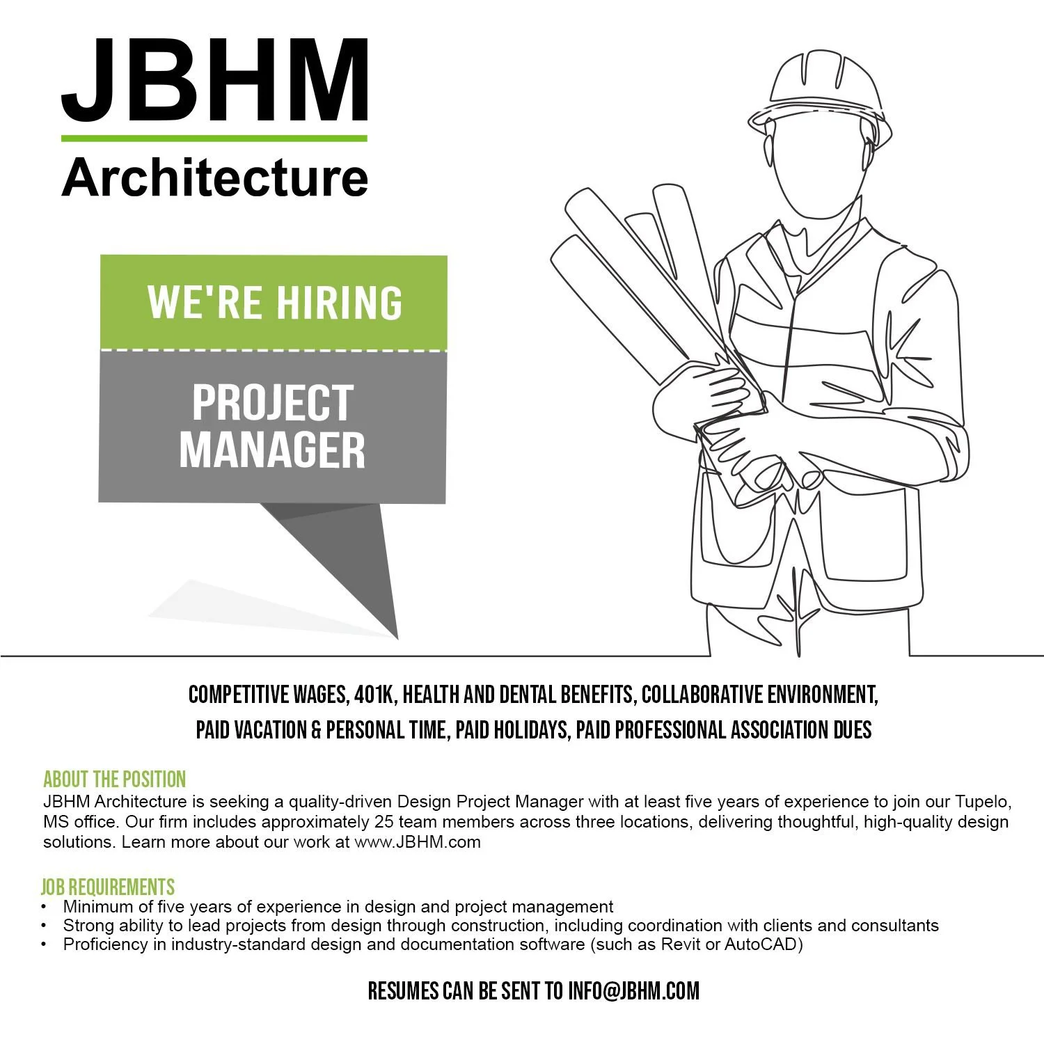 JBHM Architecture is looking for a quality-driven Design Project Manager to join our Tupelo, MS team. If you have 5+ years of experience and a passion for leading thoughtful, high-quality design projects, we&rsquo;d love to hear from you.

Join a col