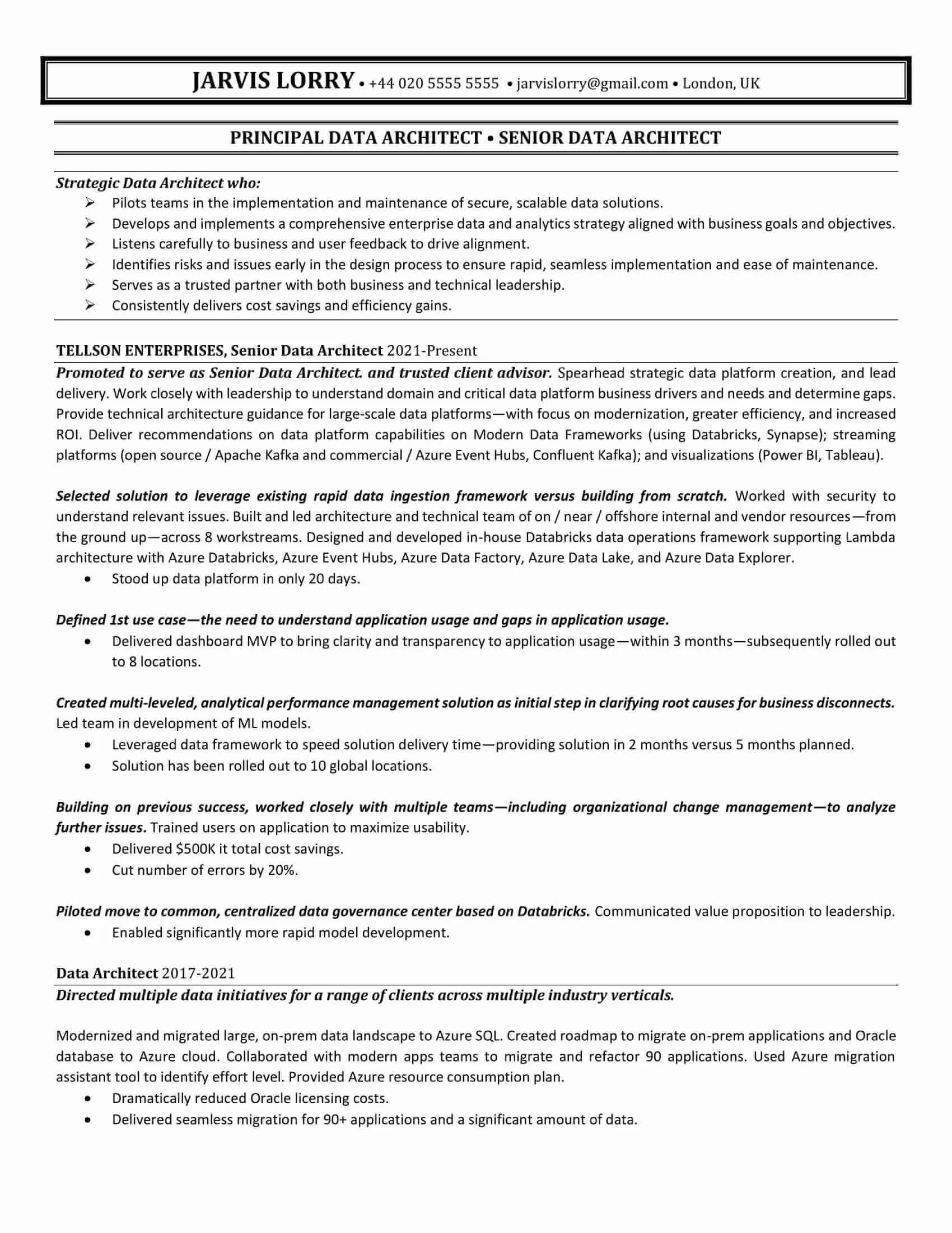 Data architect resume sample anonymized 2026