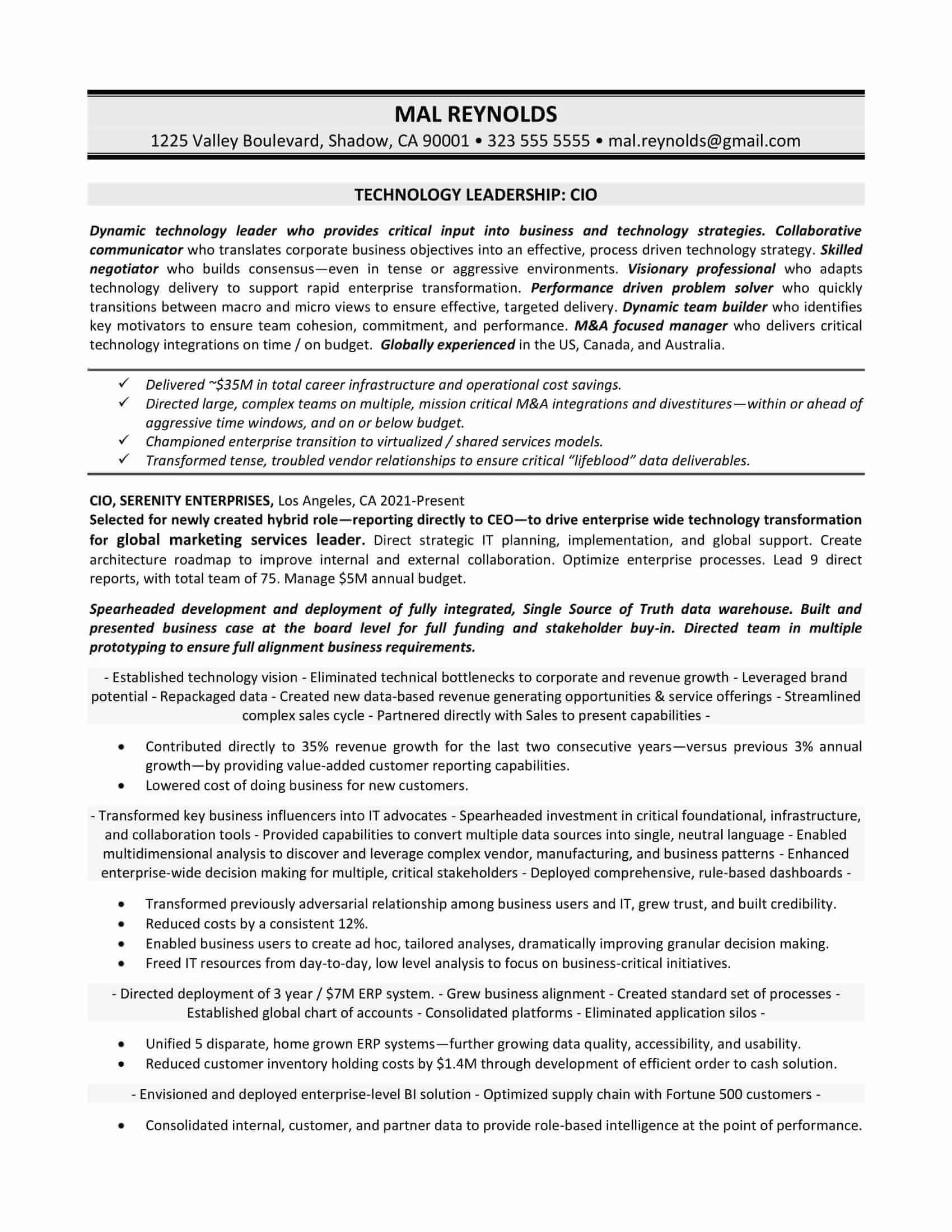 CIO resume example anonymized 2026