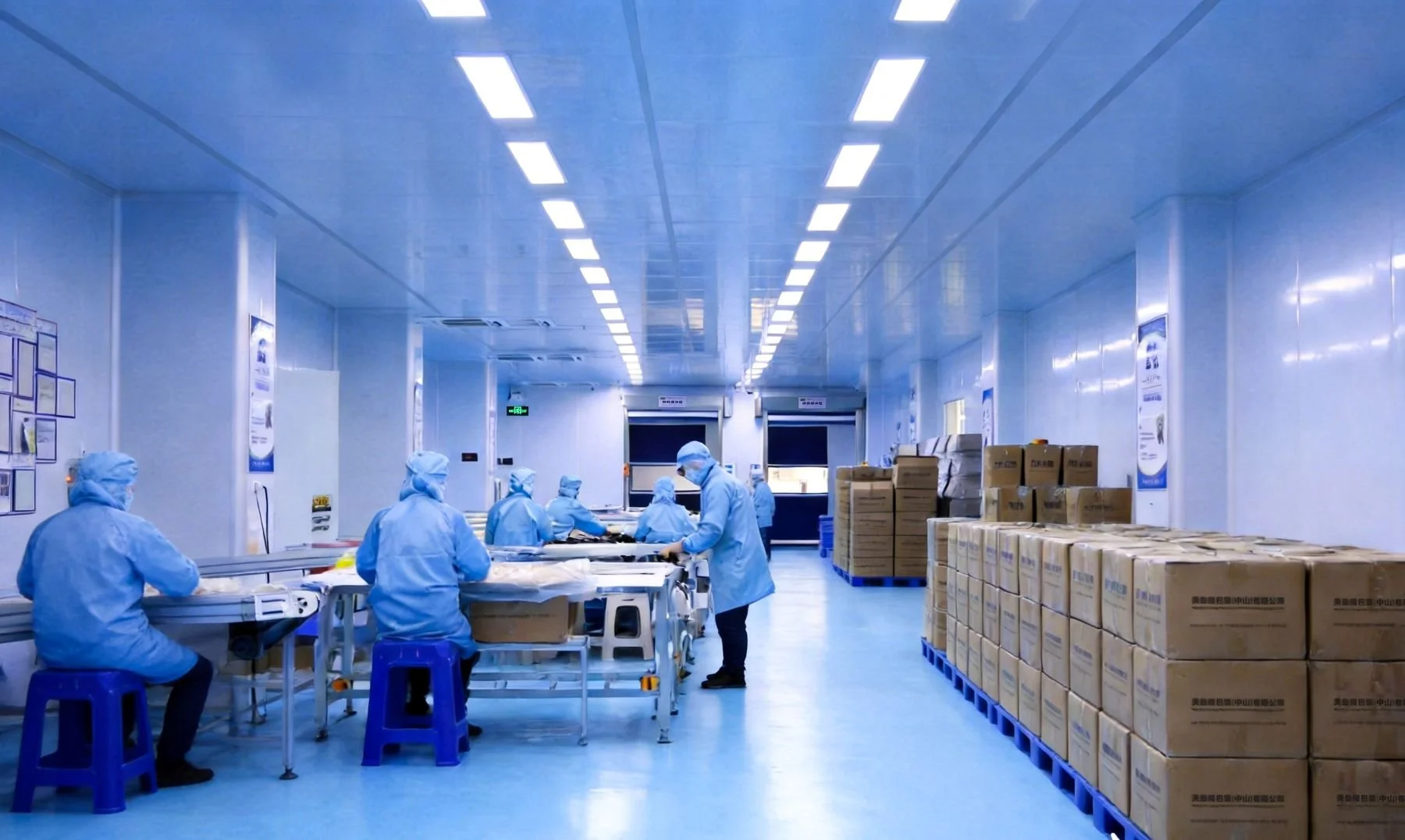 Inside the clean, food-grade packaging workshop at MeiXinLong Packing, showing professional workers doing quality control and final assembly for custom tin containers.