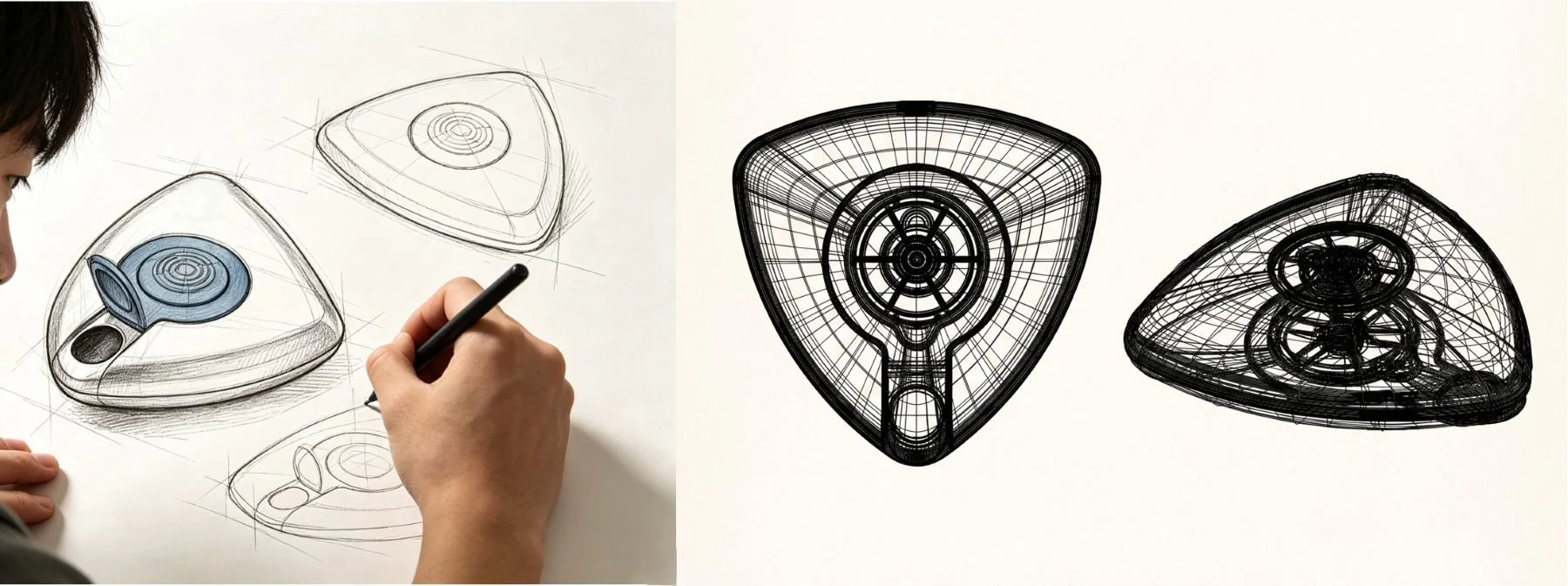 3D wireframe design of an innovative triangular spintop tin by MeiXinLong Packing.