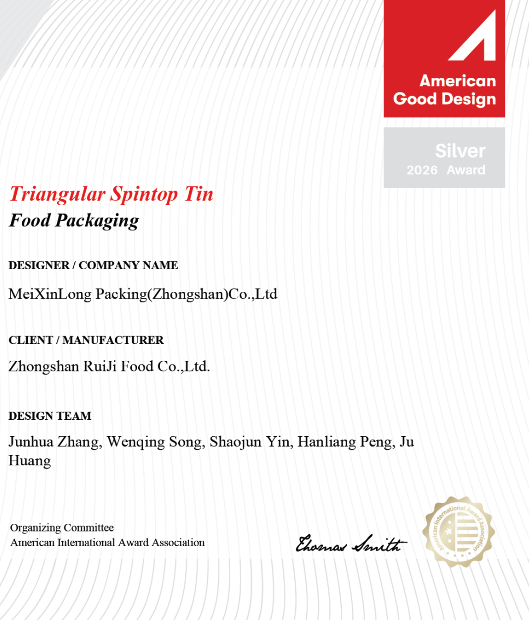 2026 American Good Design Award Silver Winner certificate for Triangular Spintop Tin food packaging, designed by MeiXinLong Packing.