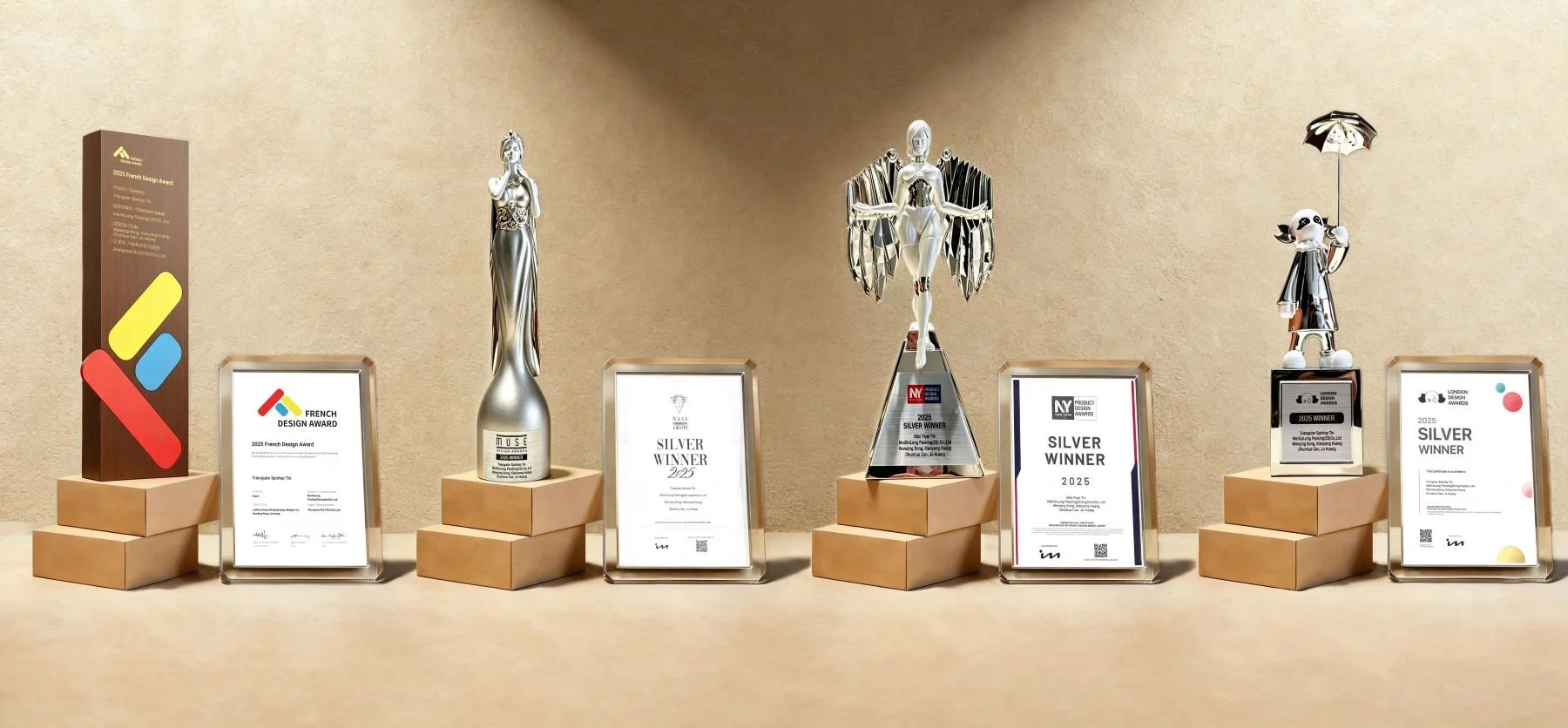 A showcase of international design award trophies and certificates won by MeiXinLong Packing, including French Design Award, Muse Design Award, NY Product Design Award, and London Design Award for innovative custom tin packaging.