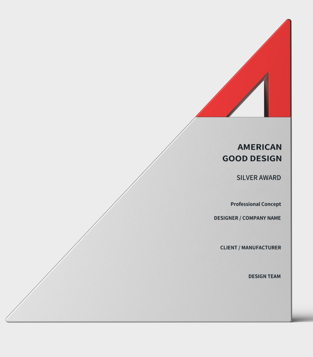 American Good Design Award Silver trophy for innovative custom food-grade triangular spintop tin packaging by MeiXinLong Packing.