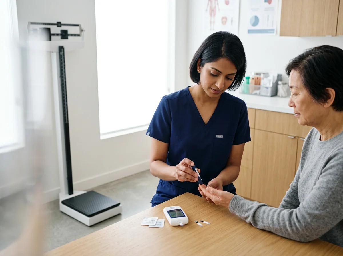 Clinician doing a finger-prick blood glucose test as part of the Deep Healing Assessment at The Nature Doctors