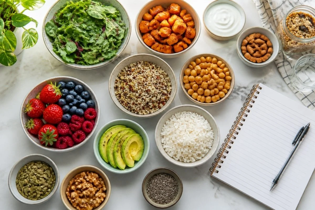 Colourful whole foods including berries, greens, grains and legumes beside an open food diary for a digestive health assessment in Winnipeg.