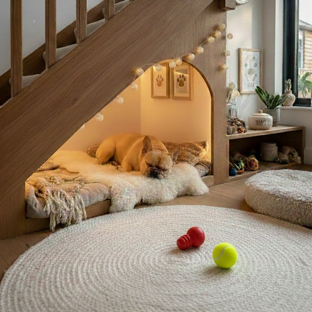 A small French Bulldog sleeping on a fluffy dog bed under a staircase with string lights. A ball and a dumbbell are on a round rug nearby. The room has a shelf with plants, decorative items, and framed pictures, with a window in the background.