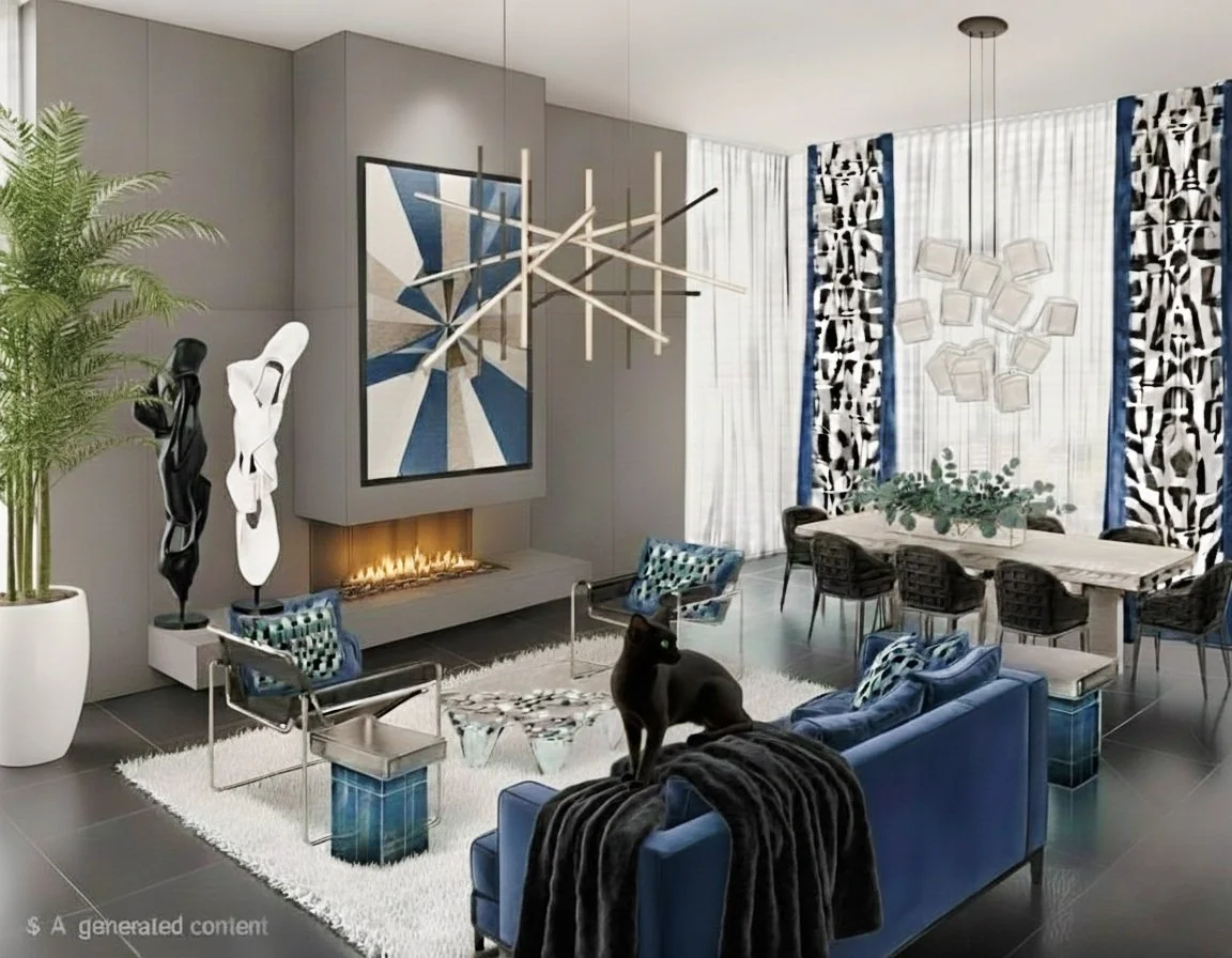 Modern living room with gray walls, abstract artwork, a fireplace, black and white sculptures, a white and blue patterned curtain, a dining table with black chairs, a lush green plant, and eclectic lighting fixtures.