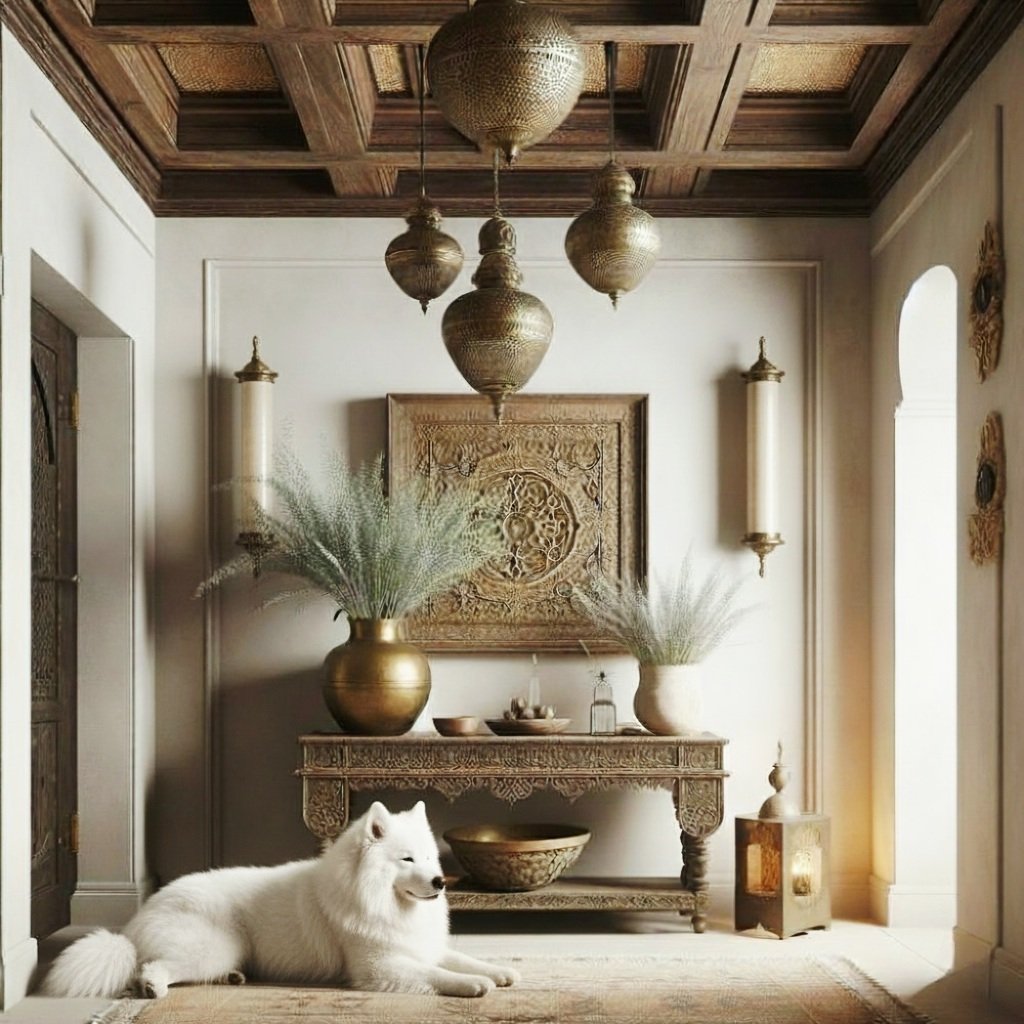 Elegant interior with wooden ceiling, hanging ornate lamps, decorative wall art, large vases with plants, and a white dog lying on a rug.