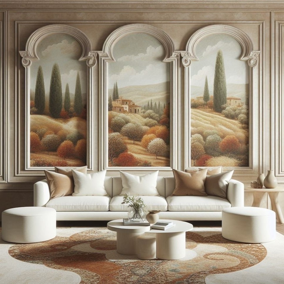 Tuscan%2Bwall%2Bmural%2Bin%2Bpicture%2Bframe%2Bmouldings%2Bwith%2Bivory%2Bsofa.jpg