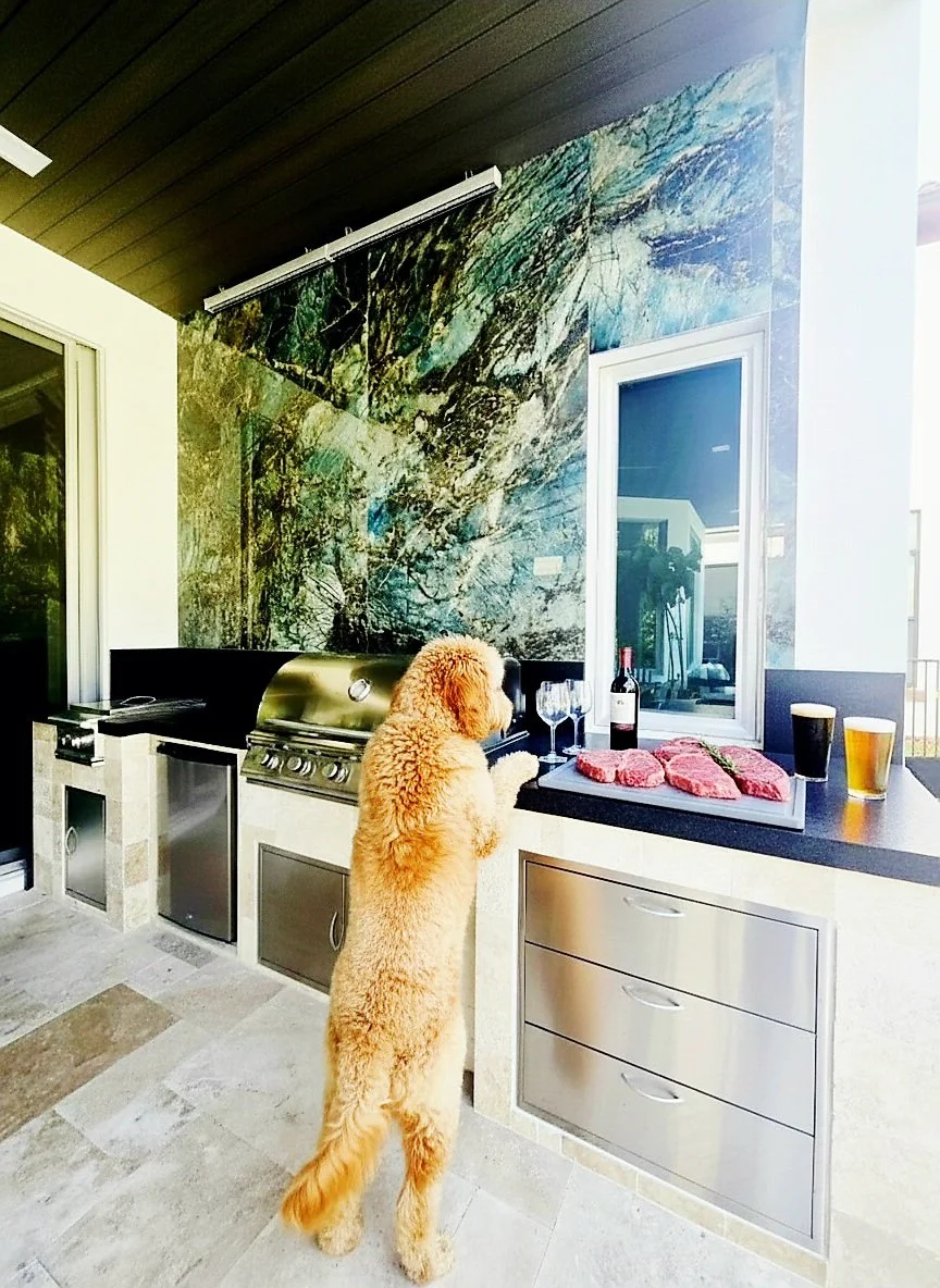 A golden retriever standing on its hind legs at an outdoor kitchen countertop, looking at raw steaks, wine, glasses, and beers.