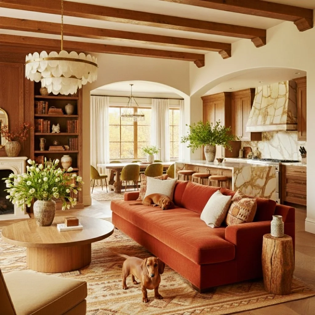 Living room with a red sofa, wooden ceiling beams, a round wooden coffee table, and a large vase with white and green flowers. Two dogs are in the room, one lying on the sofa and the other standing on the rug. The background features a kitchen with w