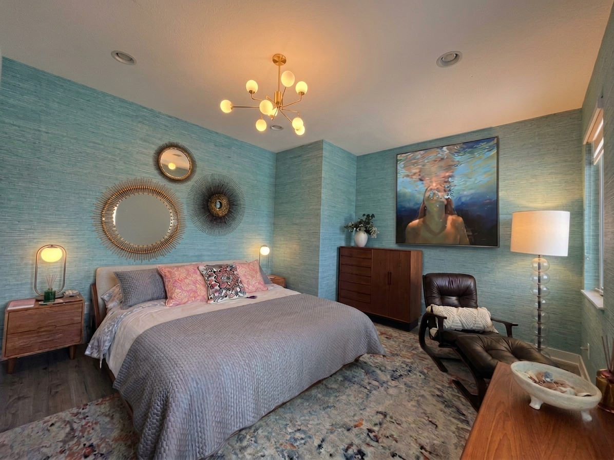 A cozy bedroom with light blue textured walls, a large bed with pink and gray pillows, a wooden dresser, a mid-century modern armchair with a blanket, a tall lamp, a decorative bowl on the wooden table, and wall mirrors. A flat-screen TV shows a person underwater blowing bubbles.