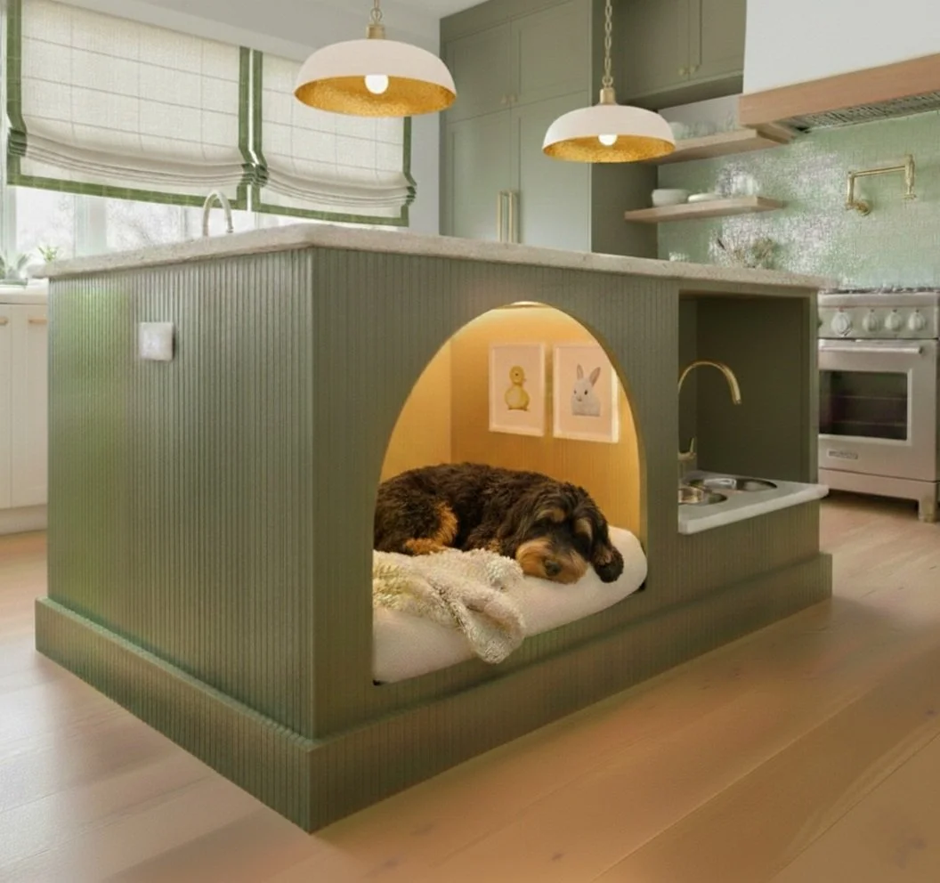 A dog sleeping inside a cozy pet house that resembles a kitchen island, with a green exterior, built-in sink and faucet, and small kitchen accessories, located in a bright, modern kitchen.