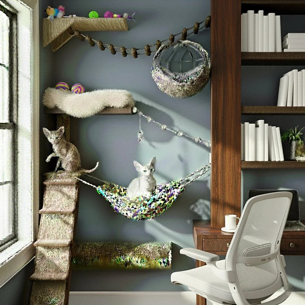 Two cats on a multi-level cat tree with a hammock and scratching posts, cats sitting on different levels. The room has a window with sunlight, bookshelves, a desk, and a white office chair.