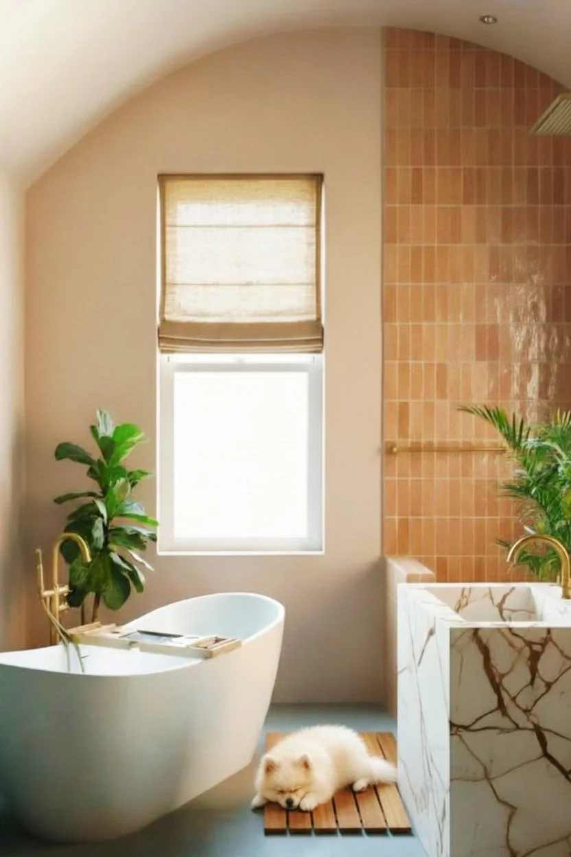 Modern bathroom with freestanding bathtub and marble sink, featuring a window, potted plants, and a sleeping dog on a wooden mat.