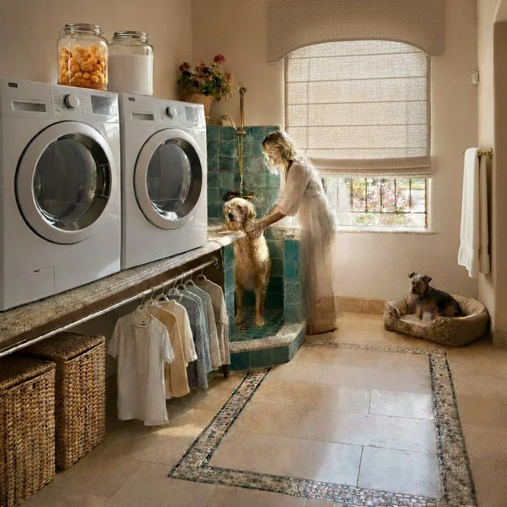 A woman is washing her dog in a laundry room, with a dog sitting nearby on a bed. Two laundry machines are present, with jars containing laundry items on top, and a window with blinds letting in sunlight.