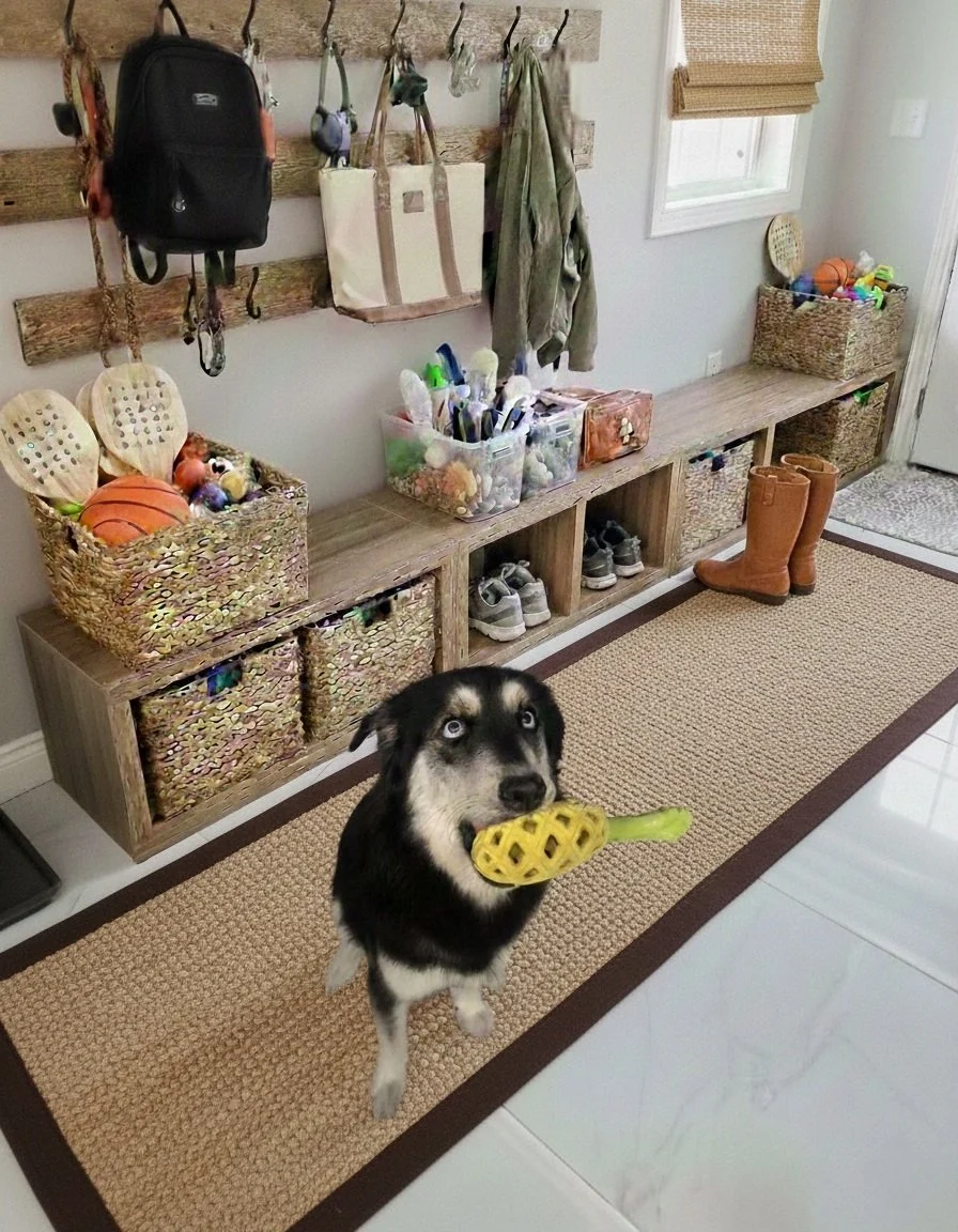 A black and white husky dog holding a yellow and green rubber toy in its mouth, standing on a beige rug in front of a wooden storage unit filled with sports equipment and shoes. The background shows a coat rack with bags and a jacket, a window with b