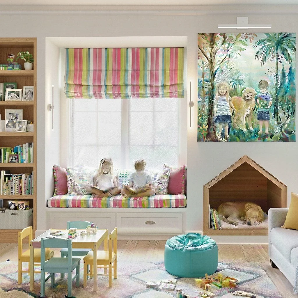 A cozy children's playroom with a window seat, two kids reading, a dog sleeping inside a wooden house, and colorful decorations