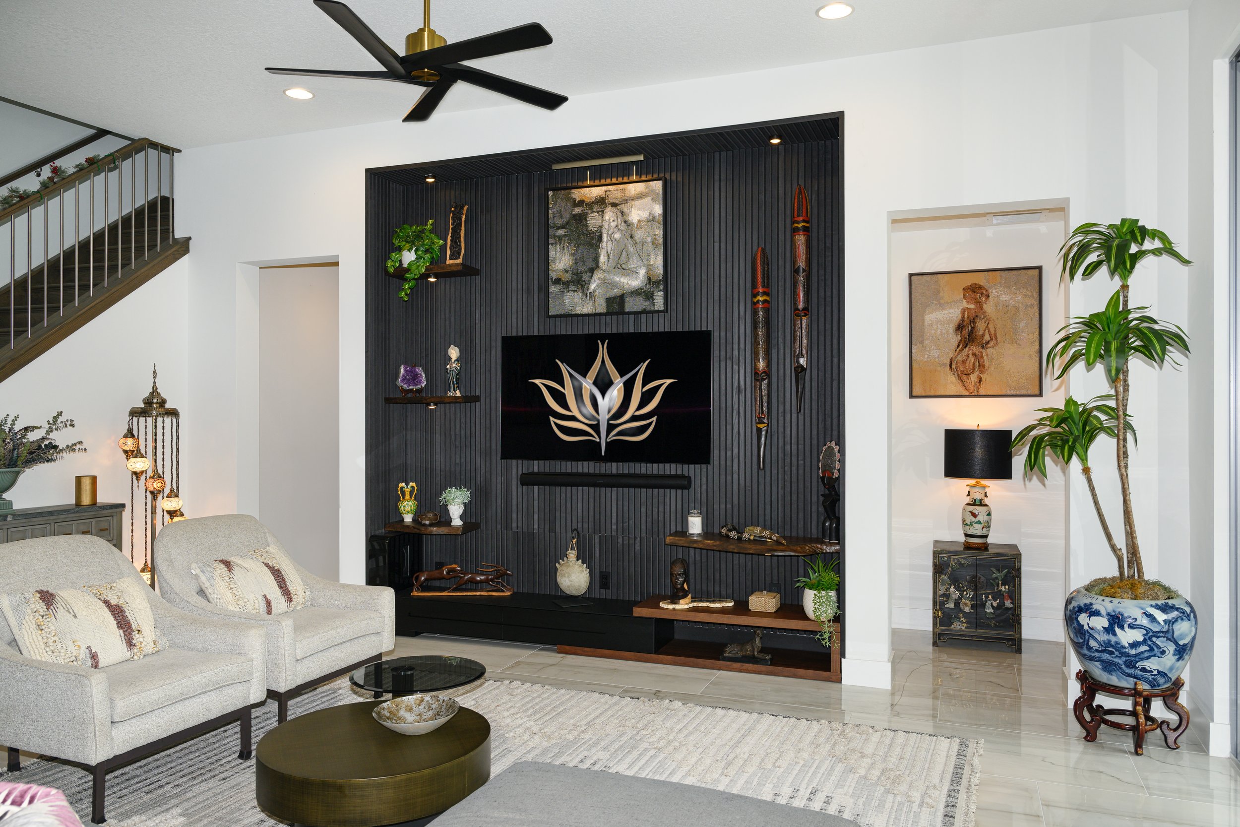 Acoustic panel dark accent wall with live edge shelves_decorated.jpg