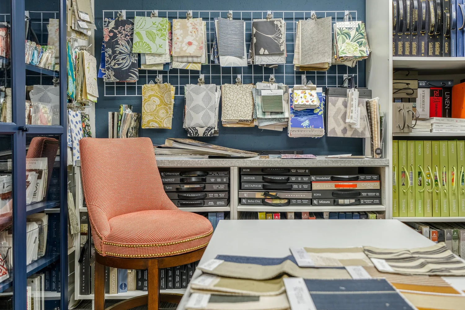 Fabric and wallpaper samples in the SL2 trade showroom