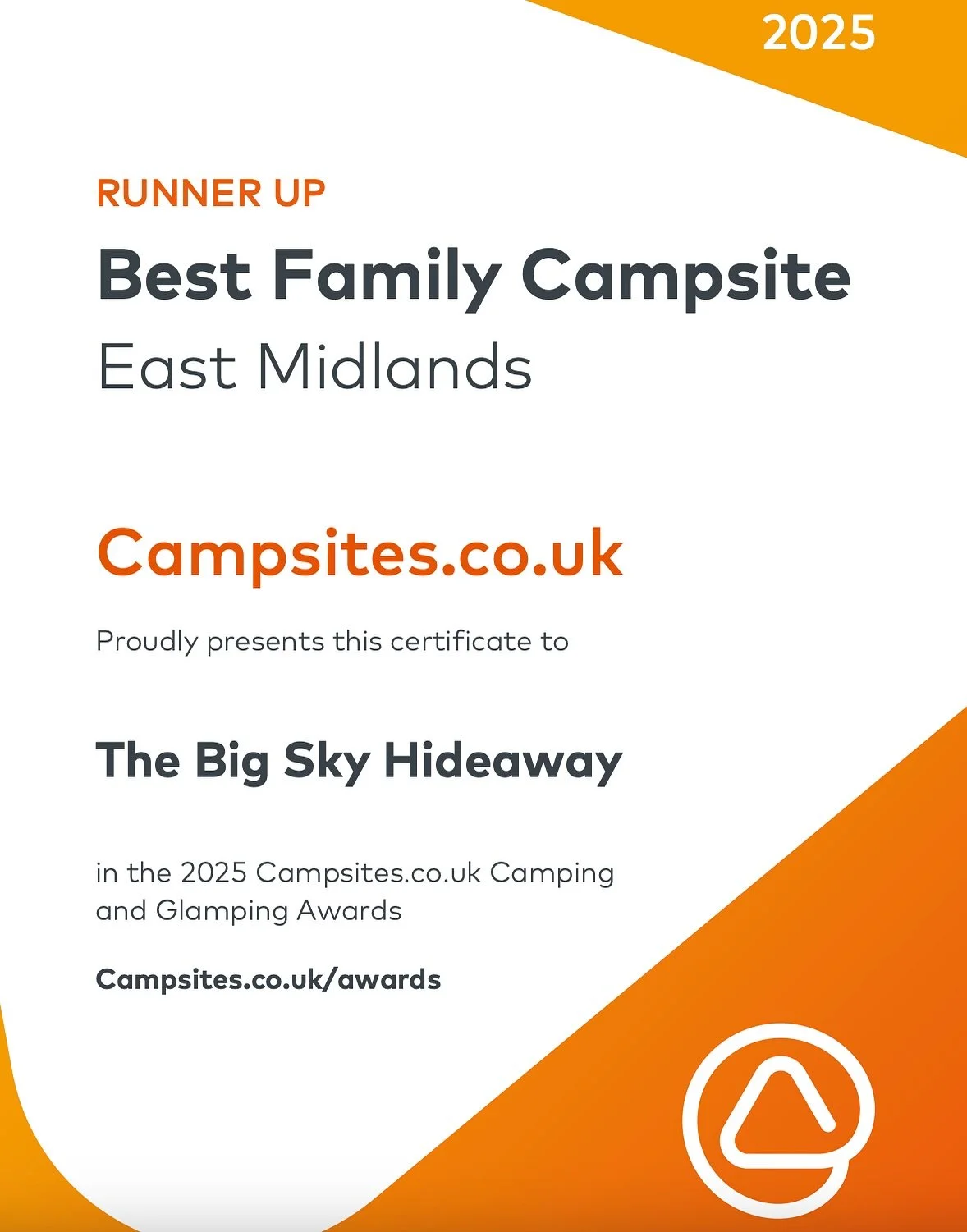 Today a certificate arrived in the post, yay! For the second year in a row we&rsquo;ve been awarded runner-up as the @campsites.co.uk Best Family Campsite in the East Midlands, how cool is that!

And the best thing&hellip;we&rsquo;ve still got someth
