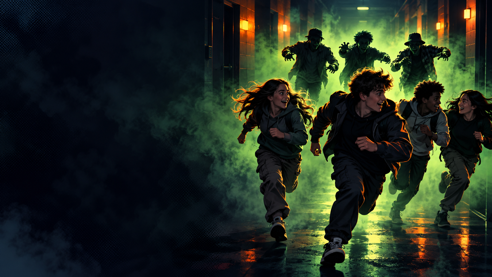 Students race through glowing green fog in a playful zombie-themed Infection game.