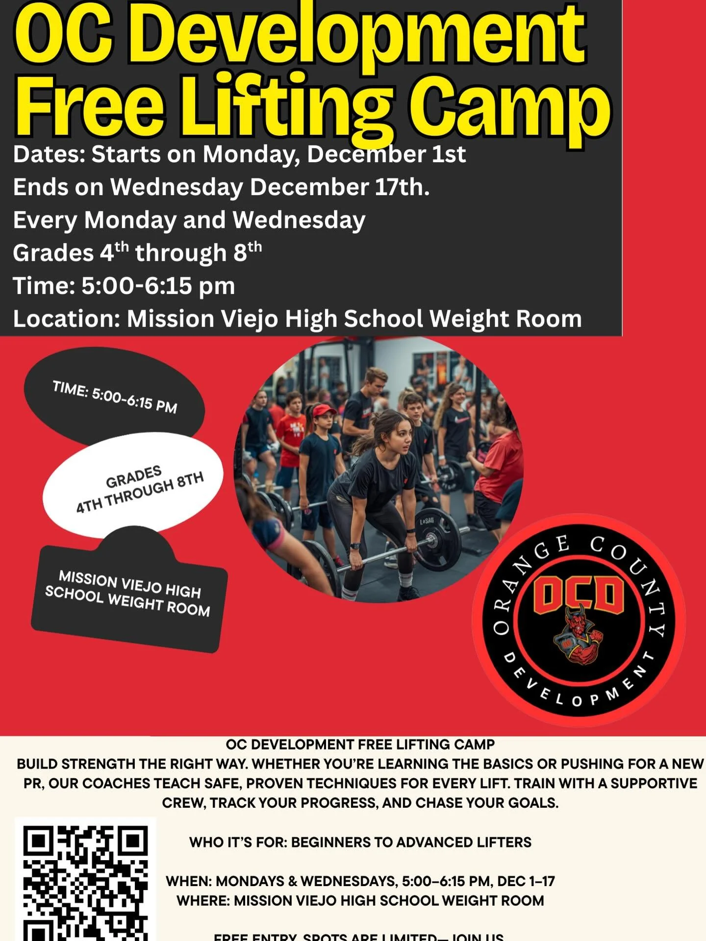 ⸻

🔥 FREE LIFTING CAMP &mdash; OPEN TO ALL ATHLETES! 🔥
OC Development is hosting a FREE lifting camp for athletes looking to build strength the right way.

Whether you&rsquo;re brand new to the weight room or already lifting consistently, our coach