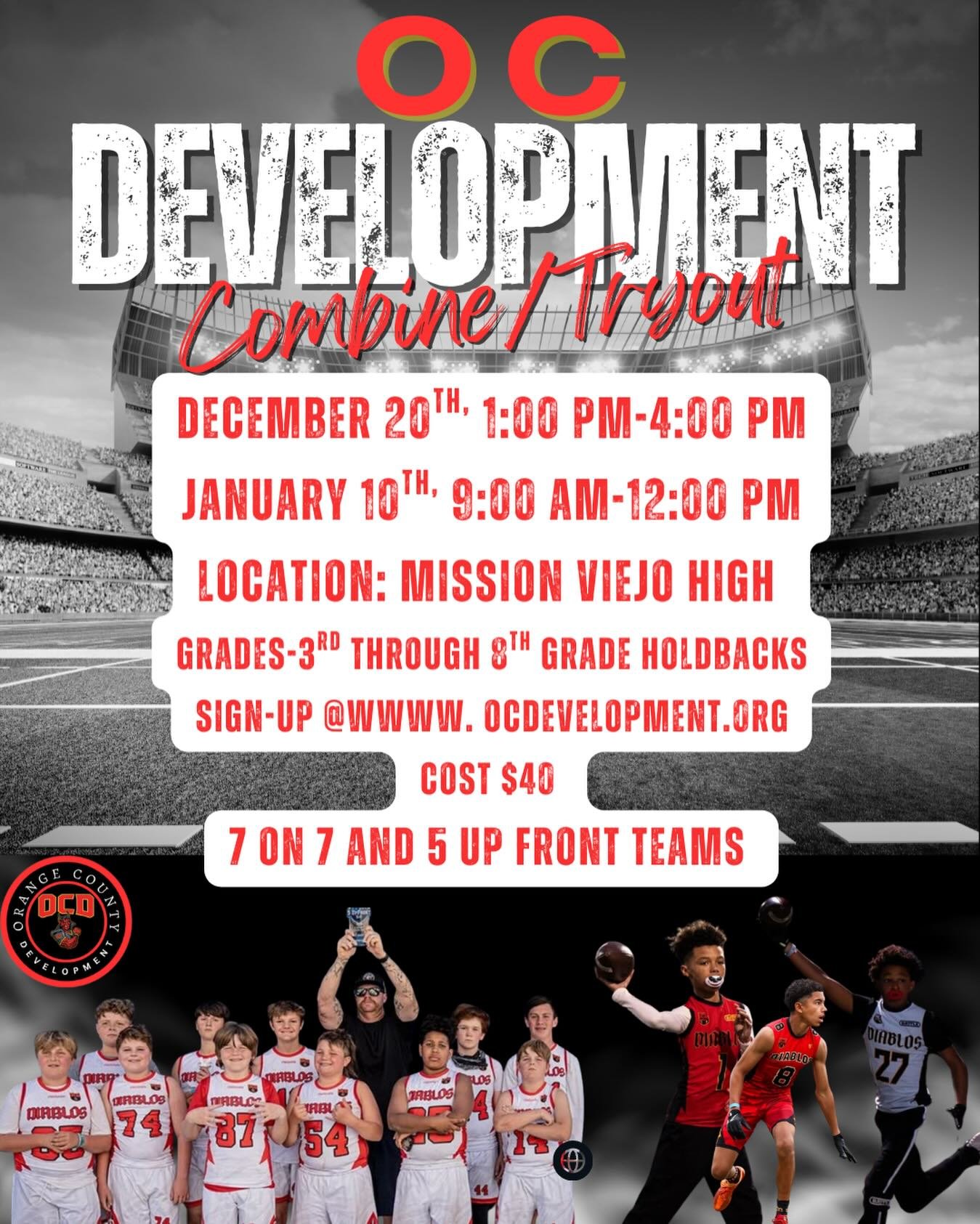 It&rsquo;s time to work. 😤🏈 
OC Development is officially kicking off the 2026 season! We are looking for elite athletes ready to compete, develop, and represent one of the fastest-growing programs in Orange County.
We are holding tryouts for 7-on-