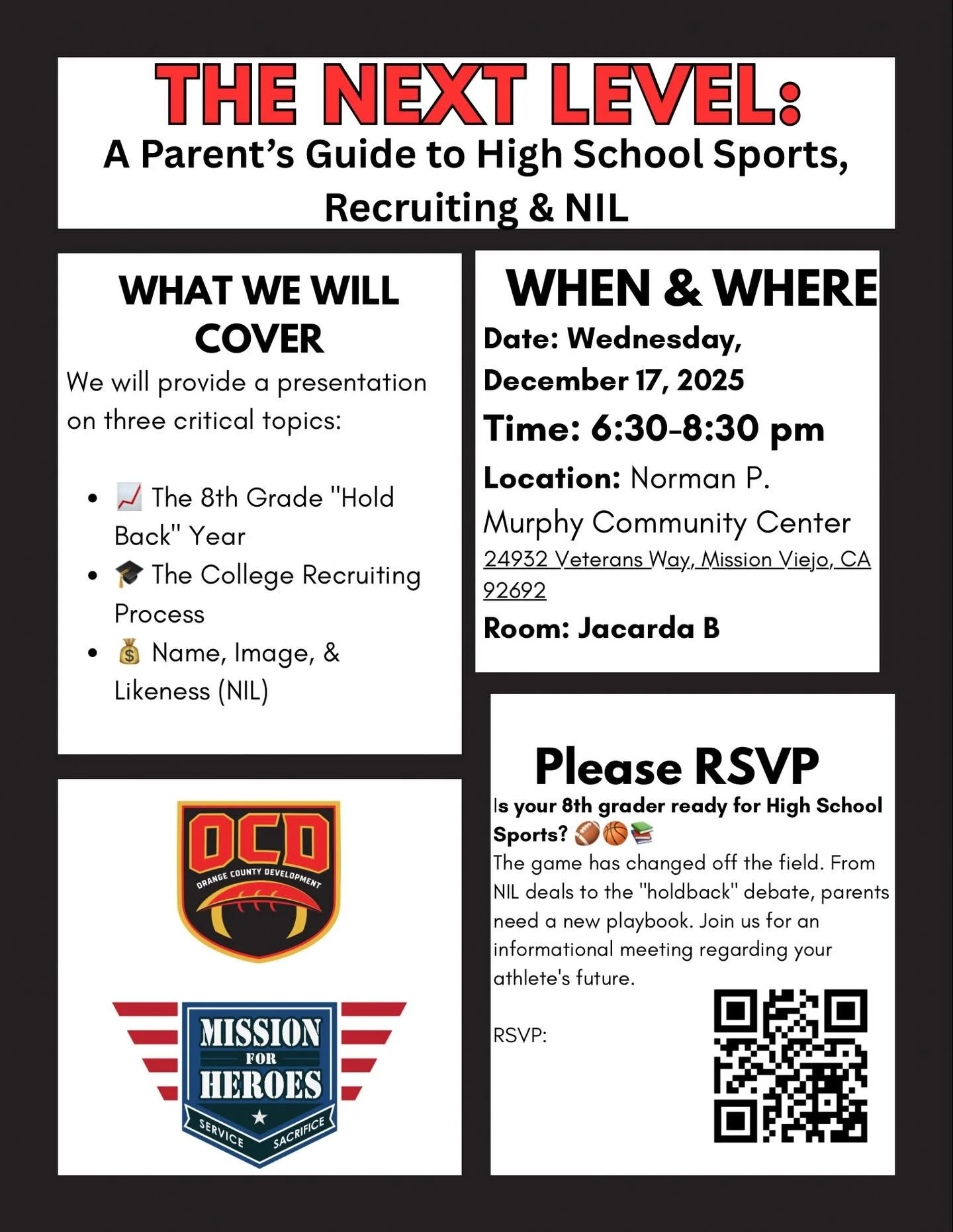 PARENT EDUCATION NIGHT &mdash; DEC 17 🔥
OC Development is teaming up with Mission For Heroes for a special community night focused on Holdback Academies, NIL, and the modern recruiting landscape.
If you&rsquo;re a parent of a youth or high school at