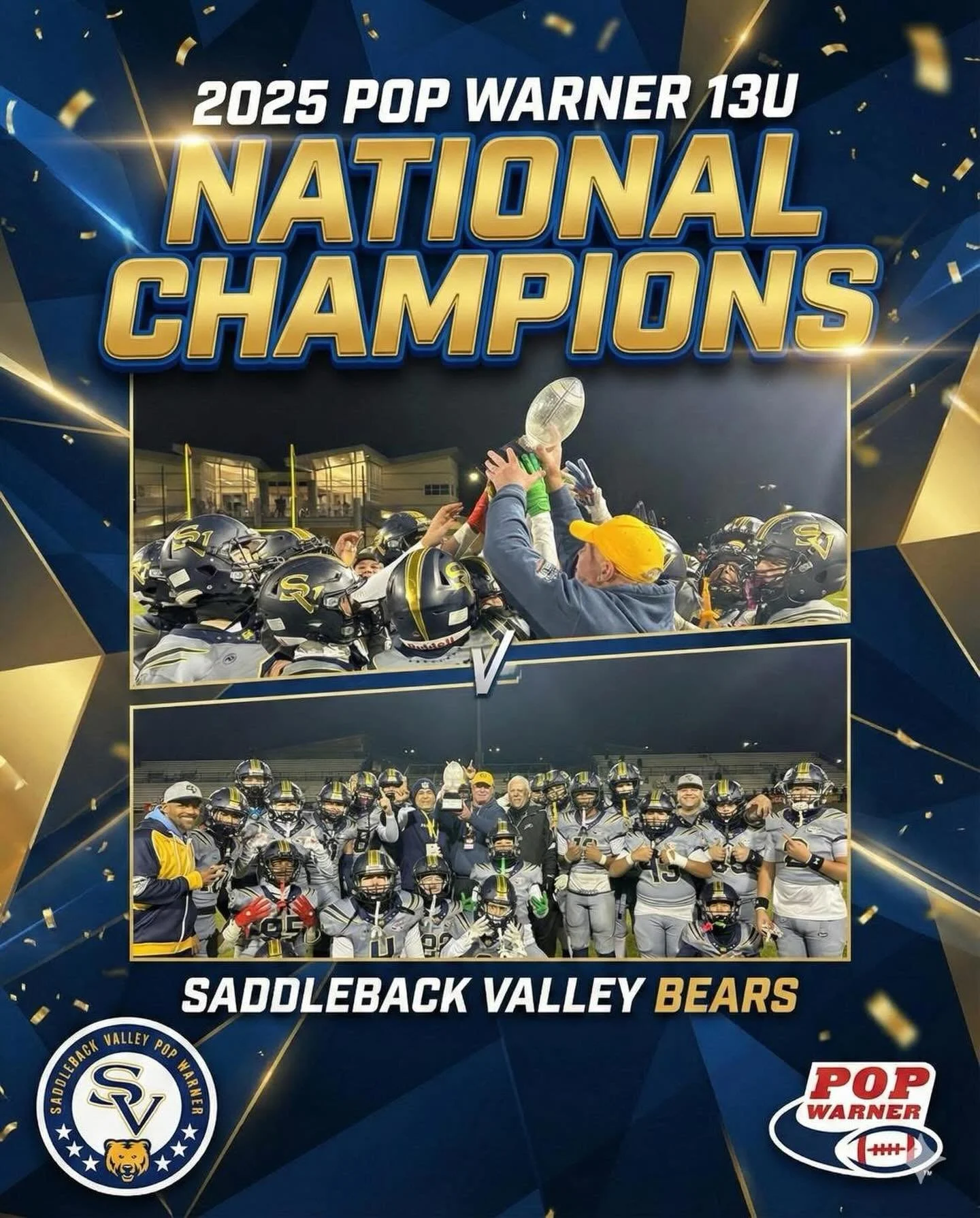 🏆 CONGRATULATIONS, SADDLEBACK BEARS! 🏆

Congratulations to the @svpw13ubluebears on being crowned Pop Warner Champions!
An incredible season built on hard work, discipline, toughness, and brotherhood.

Everyone of the athletes, coaches, and familie