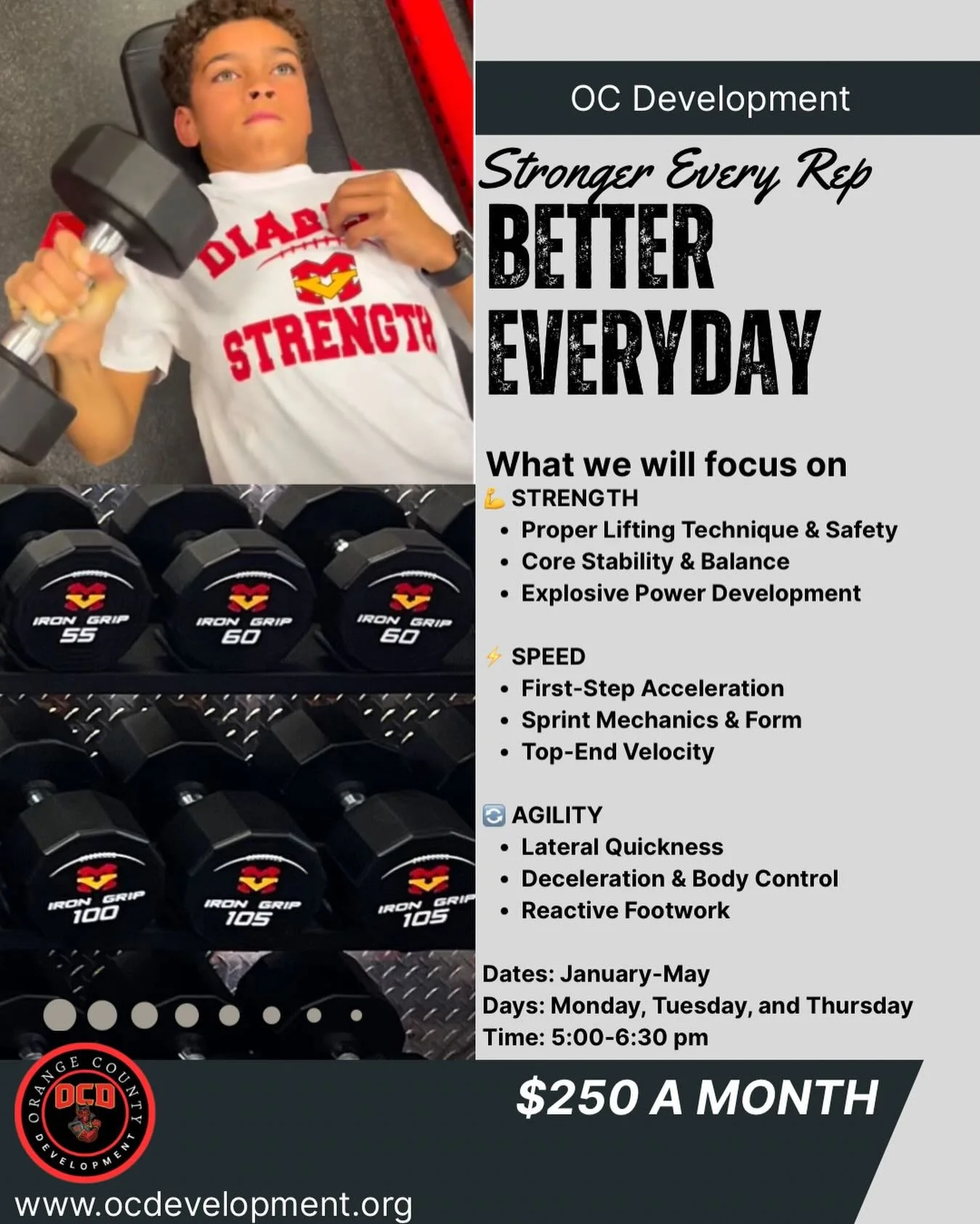 💪 STRONGER EVERY REP. BETTER EVERY DAY.

Our OC Development Lifting Camp is built to develop strength, speed, and athletic confidence &mdash; the right way.

🔥 LIMITED-TIME SALE
💲 $225/month (normally $250)

👦👧 Grades: 4th&ndash;8th Grade
📍 Loc