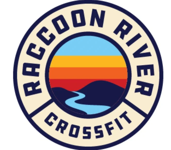 Raccoon River CrossFit logo with stylized landscape and sunset