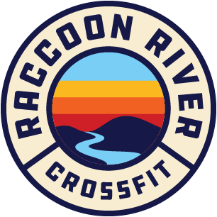 Raccoon River CrossFit logo with a sunset and river design.