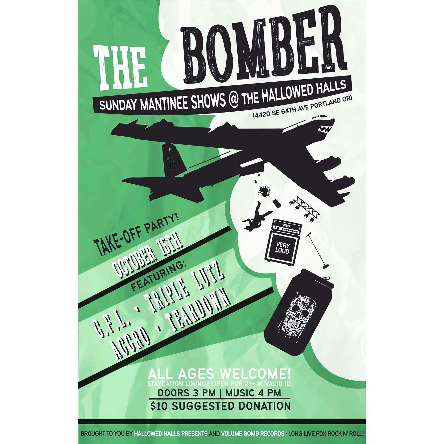 💥The official take-off party for the The Bomber is THIS SUNDAY OCT. 15th 🤘
.
.
@thebomberpdx is a new all ages venue @thehallowedhalls that is run by some of the @volume.bomb.records crew. ☠️
.
.
Take Off Party Line-Up is:
@gfl_gasfoodlodging @trip