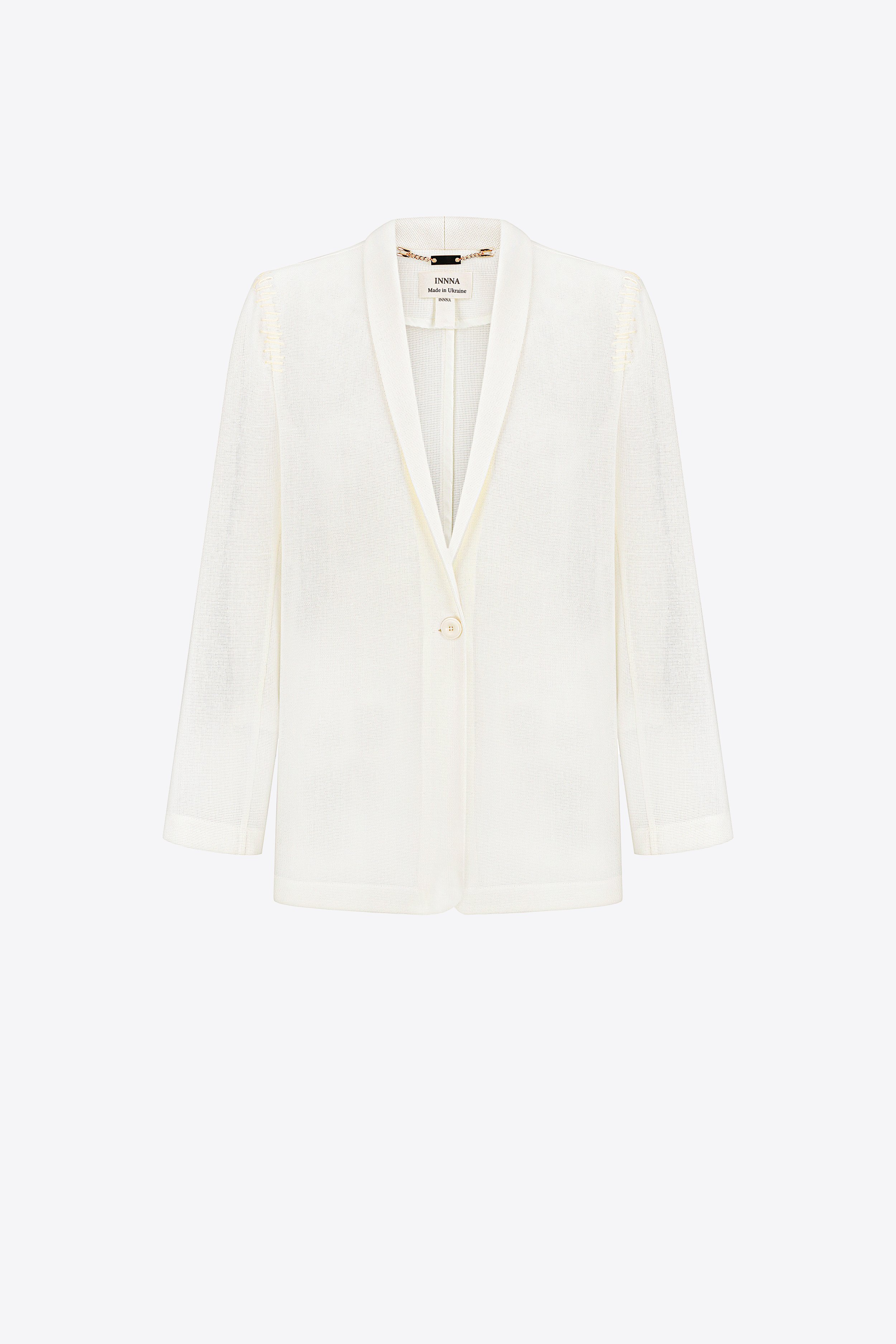 INNNA offers women a luxury wool single-breasted shirt-like blazer in cream ivory colour, suitable for day and evening summer parties, weddings, bow tie events, or office workwear.