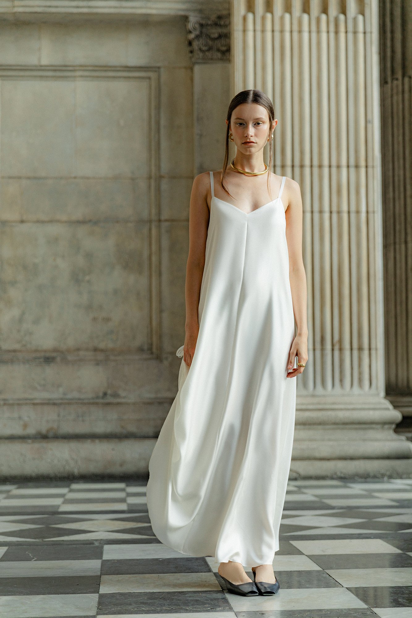 INNNA offers a midi white cream silk dress suitable for birthday parties, summer days, or evening weddings, perfect for both brides and bridesmaids.