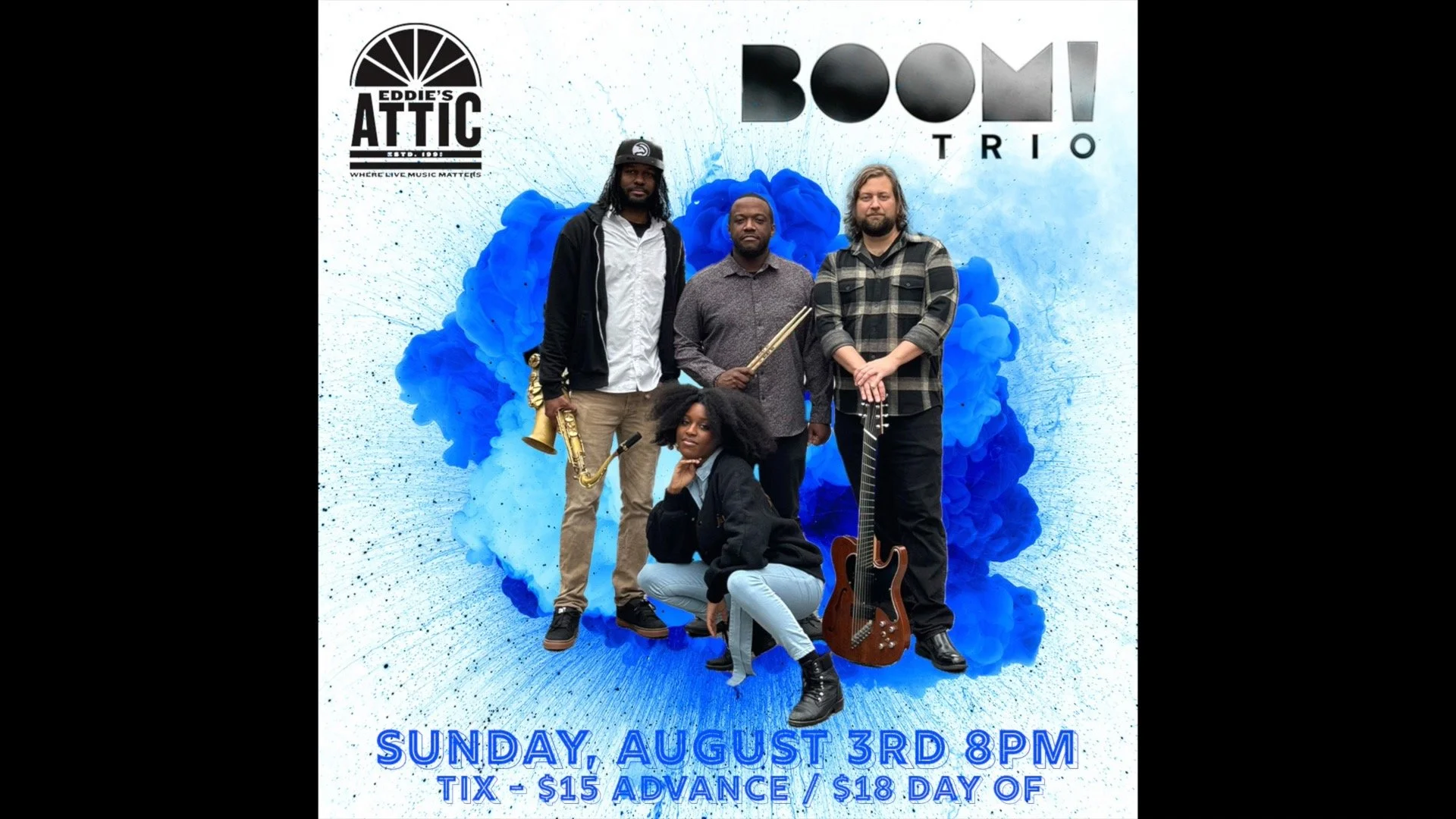 AUGUST 3rd EDDIE'S ATTIC - Ticket link in Bio.
As individuals, BOOM! Trio members have toured and performed with a wide range of artists, including: The Count Basie Orchestra, The Floozies, Larkin Poe, Angie Stone, Father John Misty, Kurt Elling, De