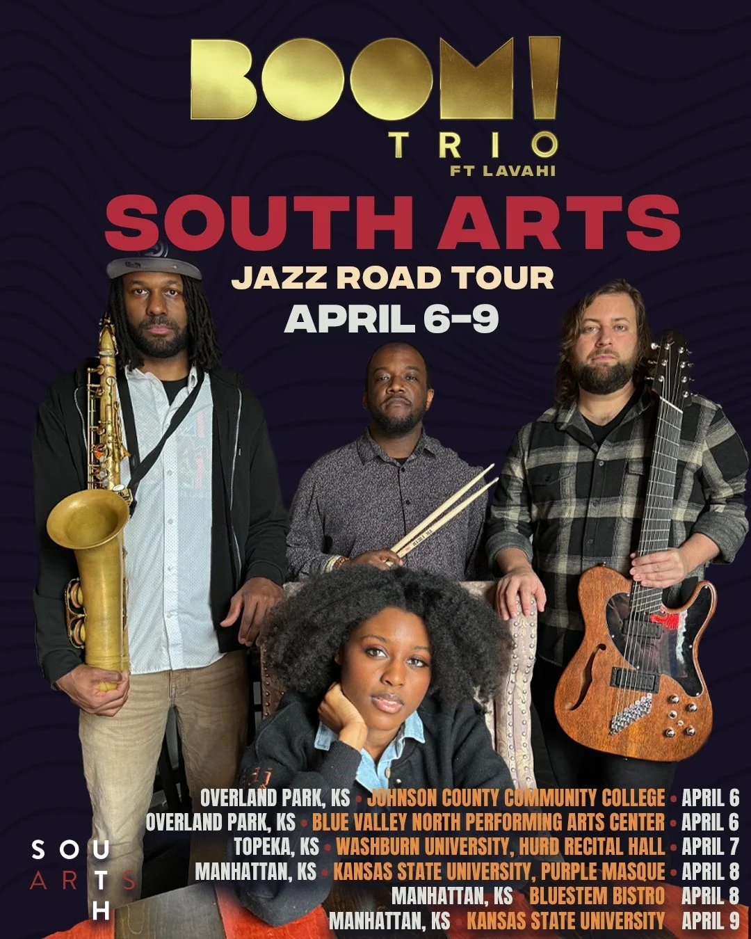 We're excited to finally share this...BOOM! Trio ft Lavahi is heading out on tour this April!!! 

We&rsquo;re grateful to South Arts and the Jazz Road Tours program for supporting this tour and helping us bring our music to new audiences and campuses