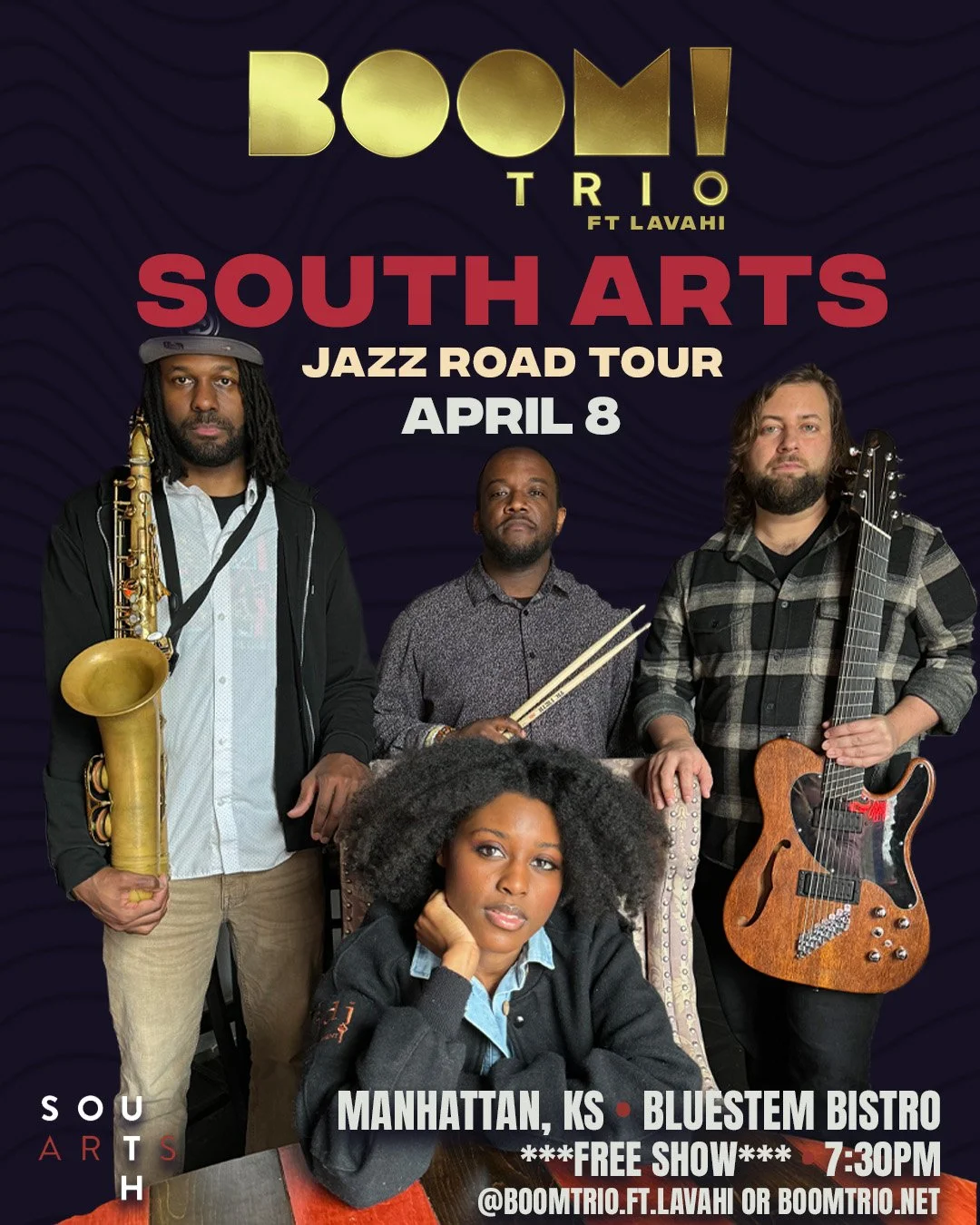 MANHATTAN &mdash; pull up, we&rsquo;re here all day.

BOOM! Trio ft. Lavahi is coming in from Atlanta for the South Arts Jazz Road Tour, making two stops in Manhattan on April 8.

We&rsquo;ll be at Kansas State University (Purple Masque Theatre) in t