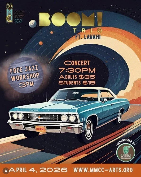 Don&rsquo;t miss BOOM! Trio&rsquo;s FREE Jazz workshop and Q&amp;A, this Saturday, April 4th at 3pm in the MMCC auditorium. All ages welcome!

Tickets available for their concert Saturday evening. LINK IN BIO!!!

Doors 6:30
Show 7:30
