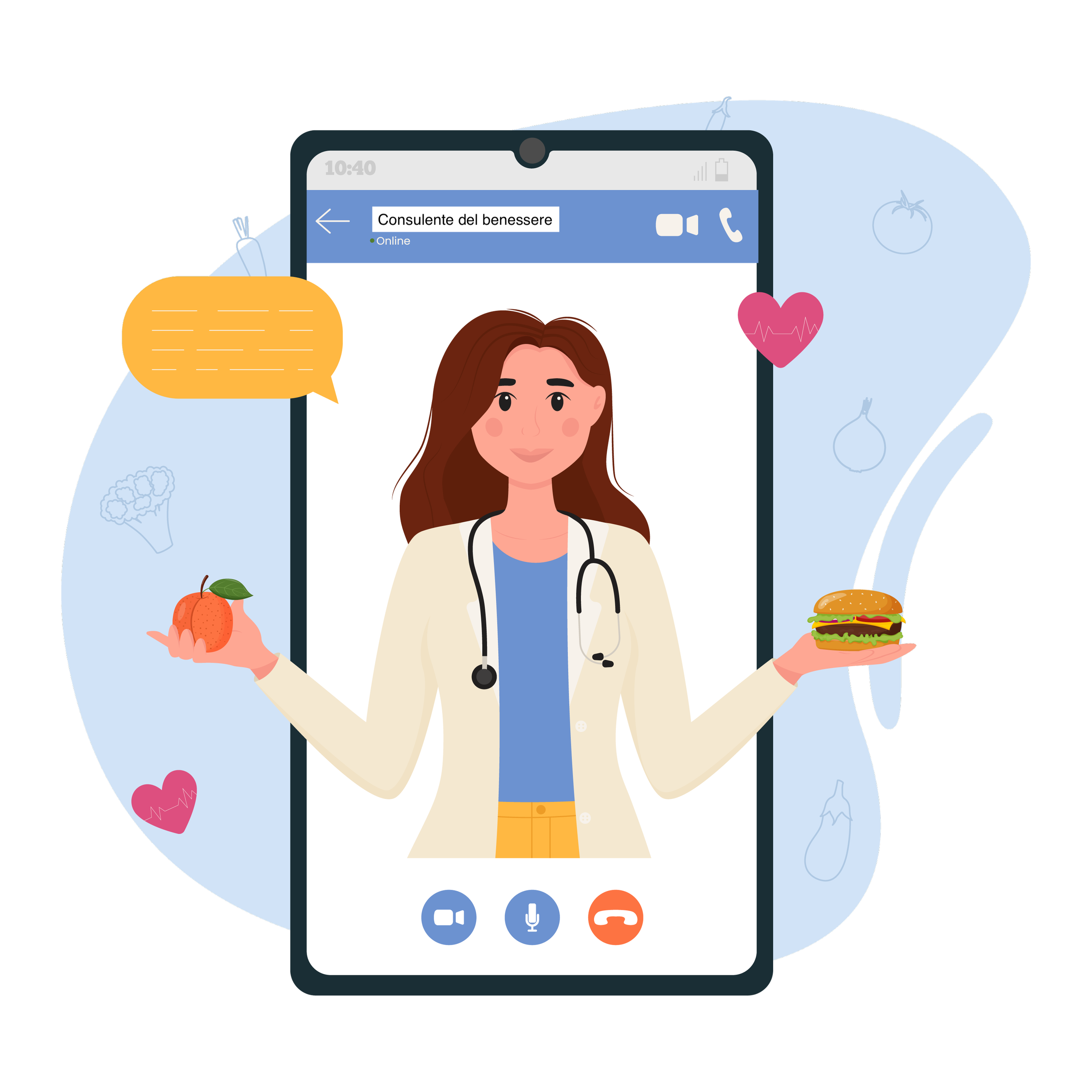 Dottore in videochiamata su smartphone, con simboli di salute e alimentazione intorno.