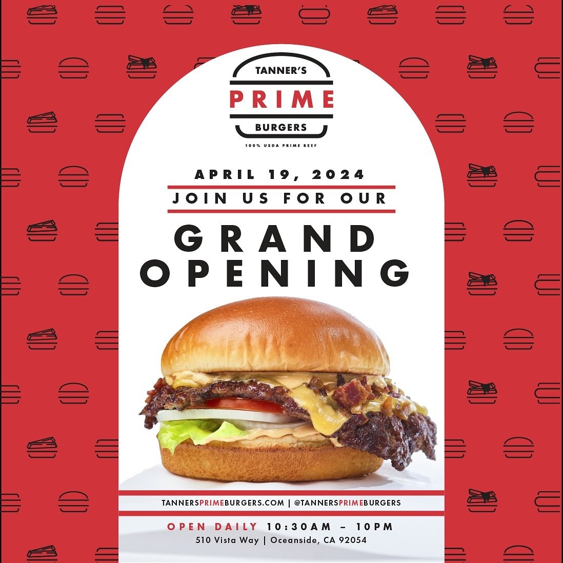 🍔GRAND OPENING ALERT🍔
We&rsquo;re thrilled to announce the grand opening of Tanner&rsquo;s PRIME Burger in Oceanside! 🎉

Mark your calendars for April 19th and get ready to sink your teeth into the juiciest, most mouthwatering PRIME Smash Burgers 