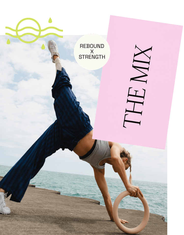 A person doing a down dog kick with a circular weight in hand in front of a sky background. Image is representing the workout format for Common Language Studio called "The Mix" which is a rebounding and strength workout.