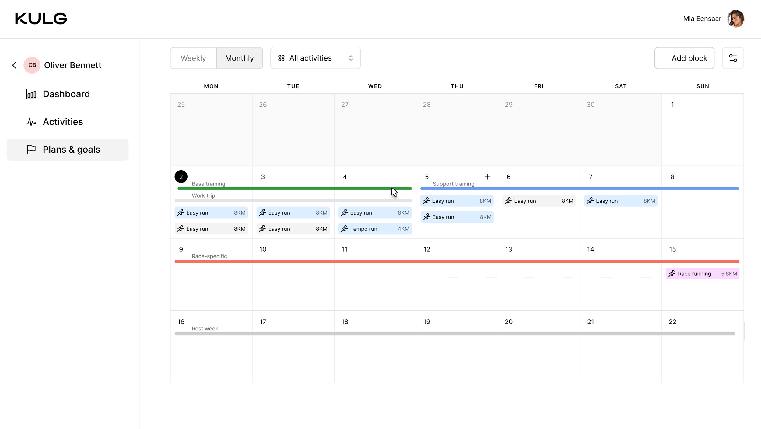 Training blocks in KULG App