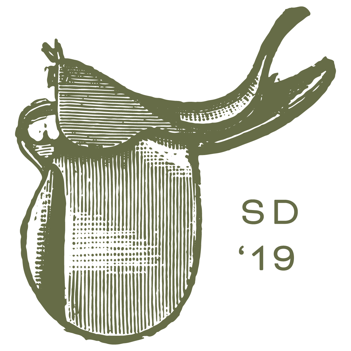 Minimal vintage-style line illustration of an English riding saddle with stirrups in muted olive green.