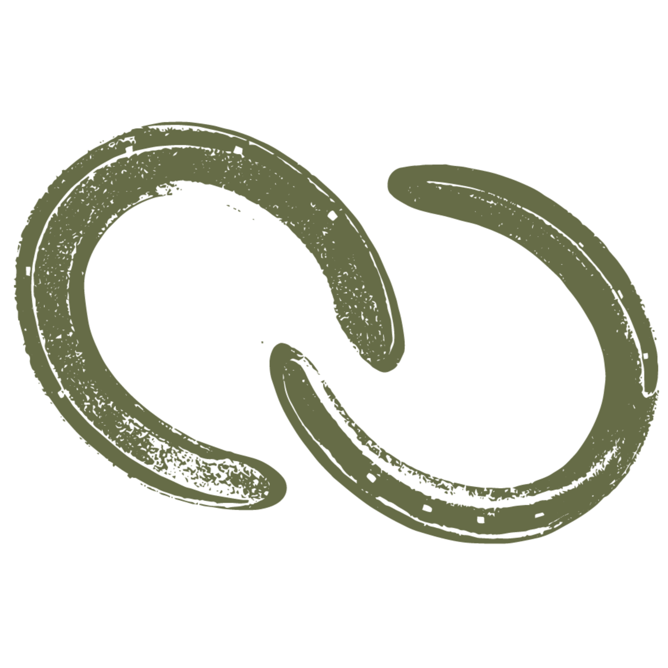 Minimal vintage-style illustration of two overlapping horseshoes in muted olive green.