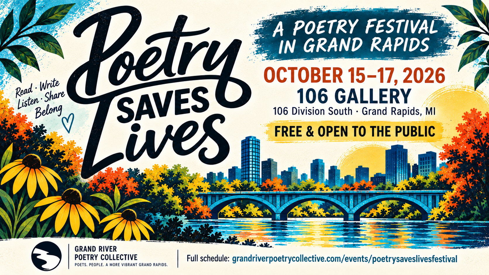 Poetry Saves Lives — October 15–17, 2026 at 106 Gallery in Grand Rapids. Free and open to the public.
