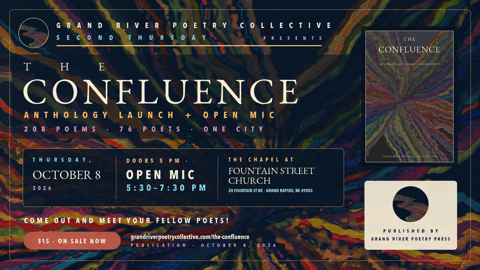 The Confluence anthology launch and open mic graphic; the book is on sale now for $15.